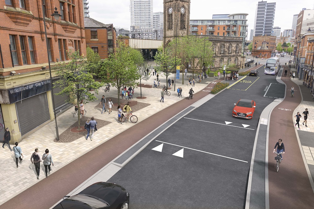 CGI of Chapel Street with a street scene showing vehicles on the road, people walking and cycling down the pavements and cycle lanes, buildings and trees at the side